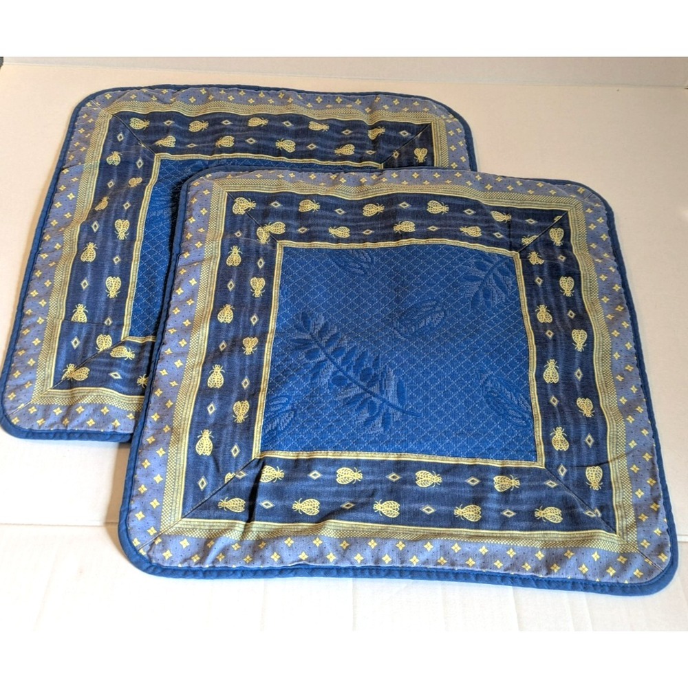 Two Euro Pillow Shams Bees  Jacquard French Country Blue Gold  Designer 19x19